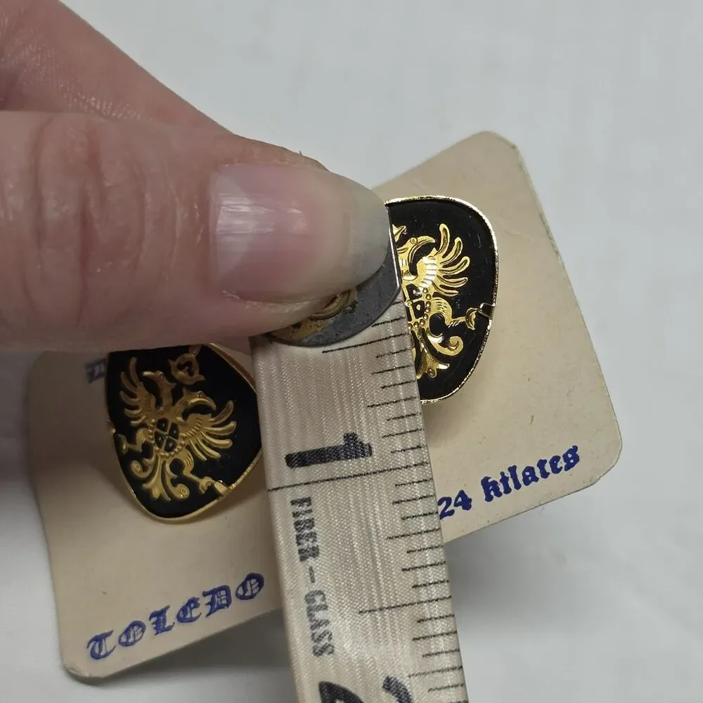 VINTAGE 1960s CUFFLINKS DOUBLE HEAD EAGLE DAMASCENE TOLEDO WARE SPAIN 24k GP